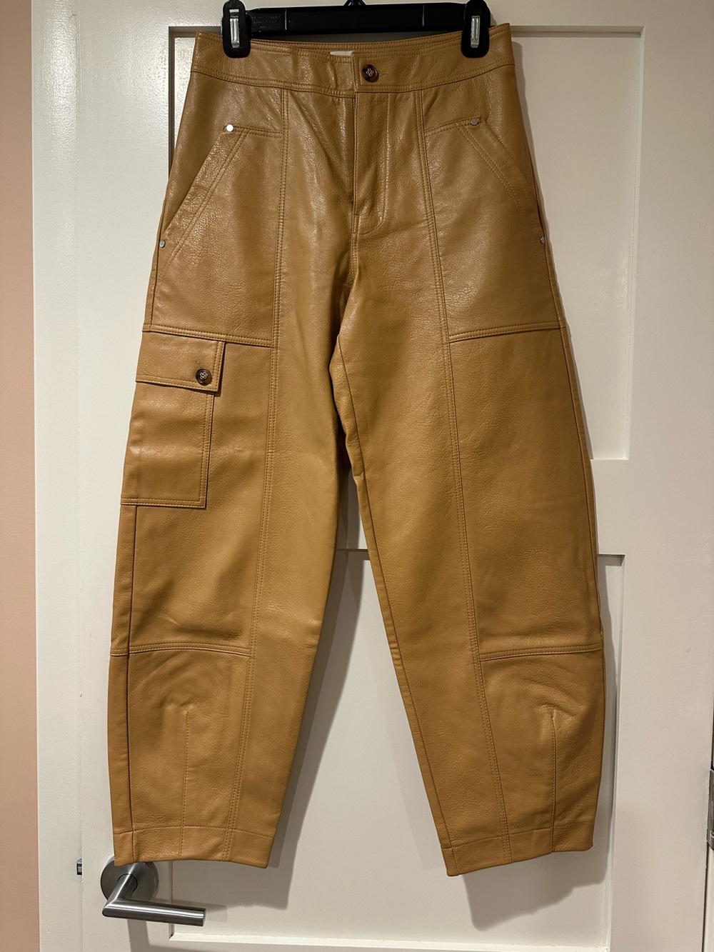 Anthropologie size 0 camel colored vegan leather cargo barrel leg pants.